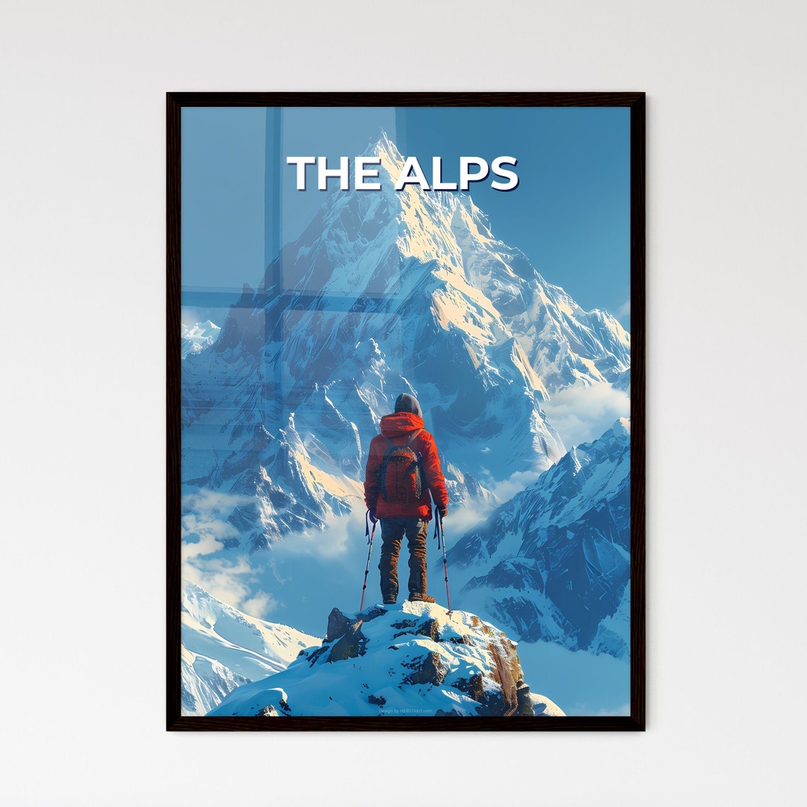 The Alps Snowy Peak Hiker Summit View Mountain Travel Poster