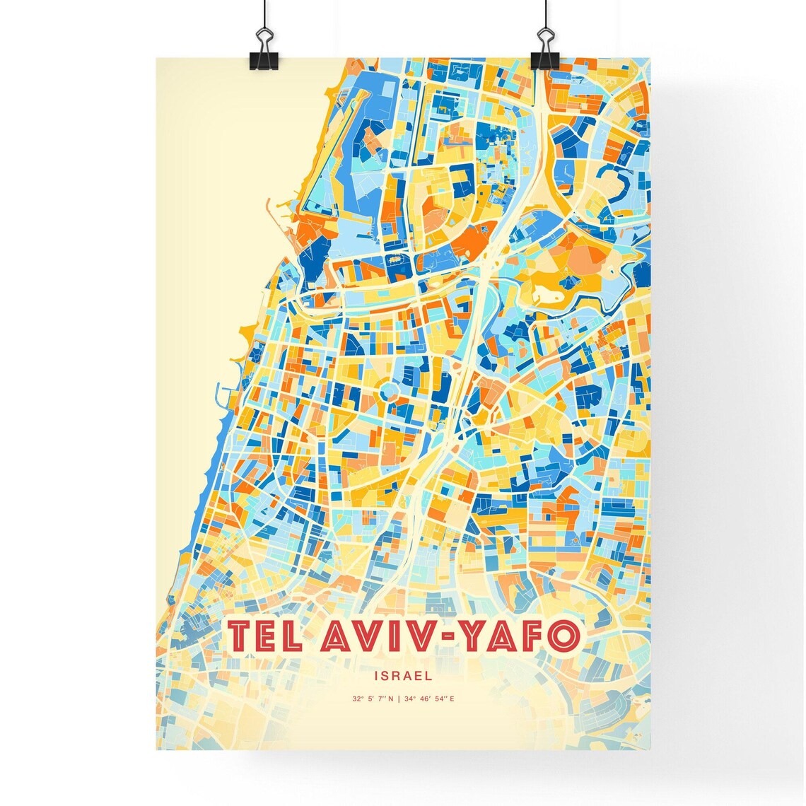 Tel Aviv Yafo Israel Colorful Blue Orange Modern City Map Poster - Image 3