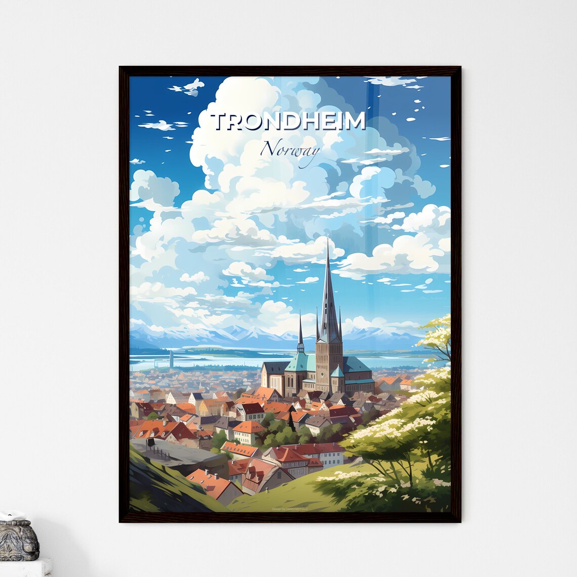 Trondheim Norway Travel Poster Cathedral Spire Fjord Mountains Illustration
