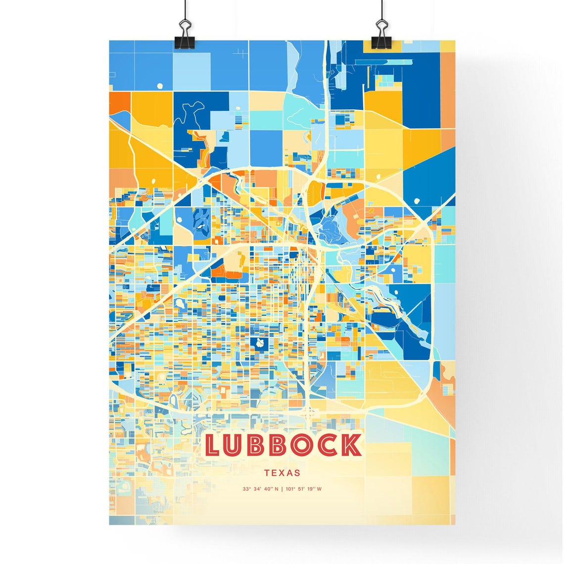 Lubbock Texas Modern Geometric Blue Orange City Map Art Poster - Image 3