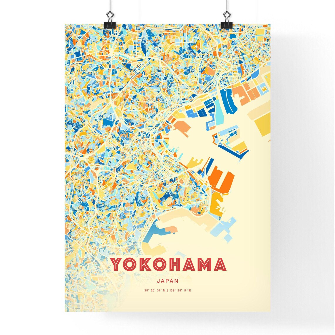 Yokohama Japan Blue Orange Colorful City Map Art Poster With Coordinates - Image 3