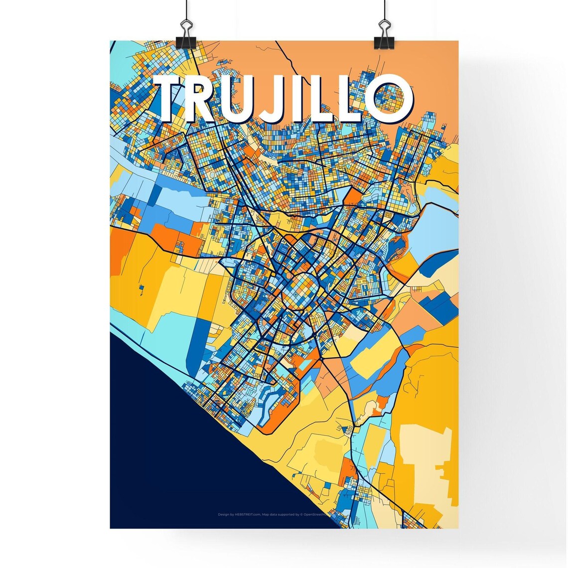 Trujillo Peru Bold Colorful Vibrant City Street Map Art Poster - Image 4