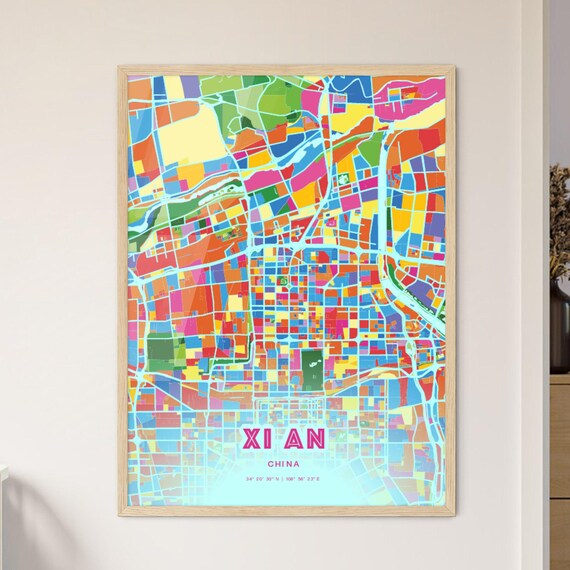 Xi An China Rainbow City Map Poster Vibrant Colorful Street Grid Art