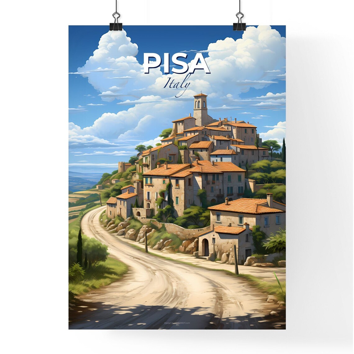 Pisa Italy Hilltop Village Bell Tower Winding Road Travel Poster - Image 4