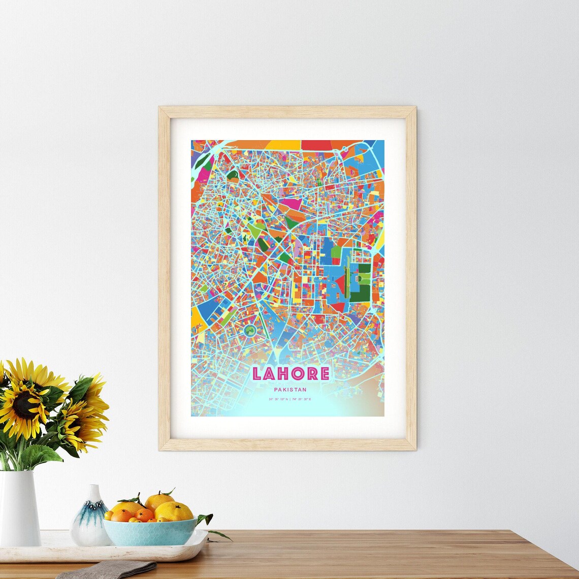 Lahore Pakistan Colorful City Map Art Poster in Pink and Turquoise - Image 2