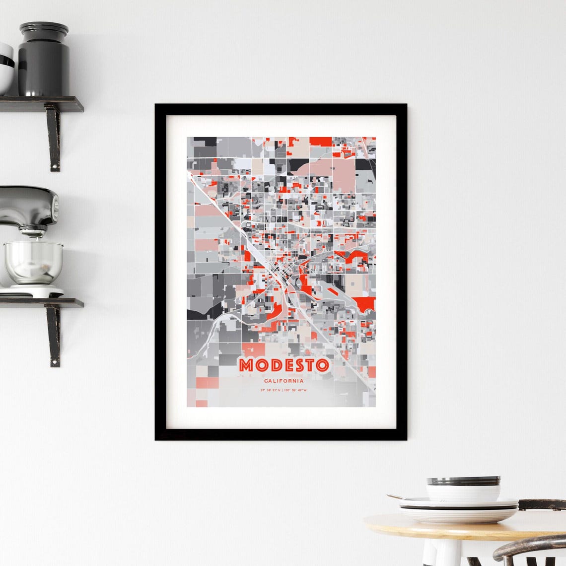 Modesto California Expressive Red Abstract City Map Art Poster - Image 2
