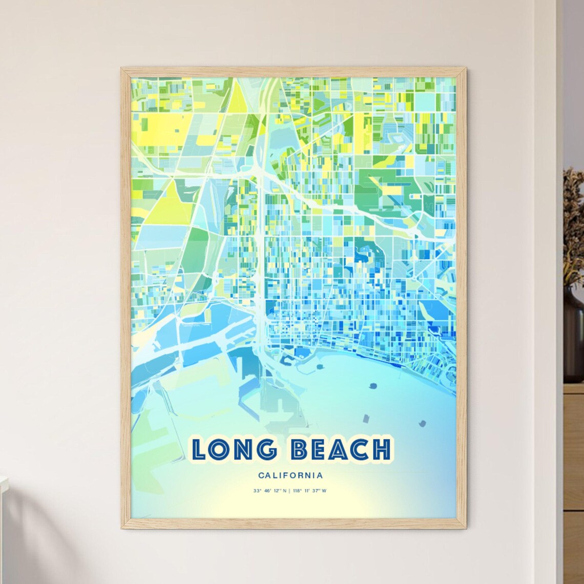 Long Beach California Vibrant Abstract Watercolor City Street Map Poster