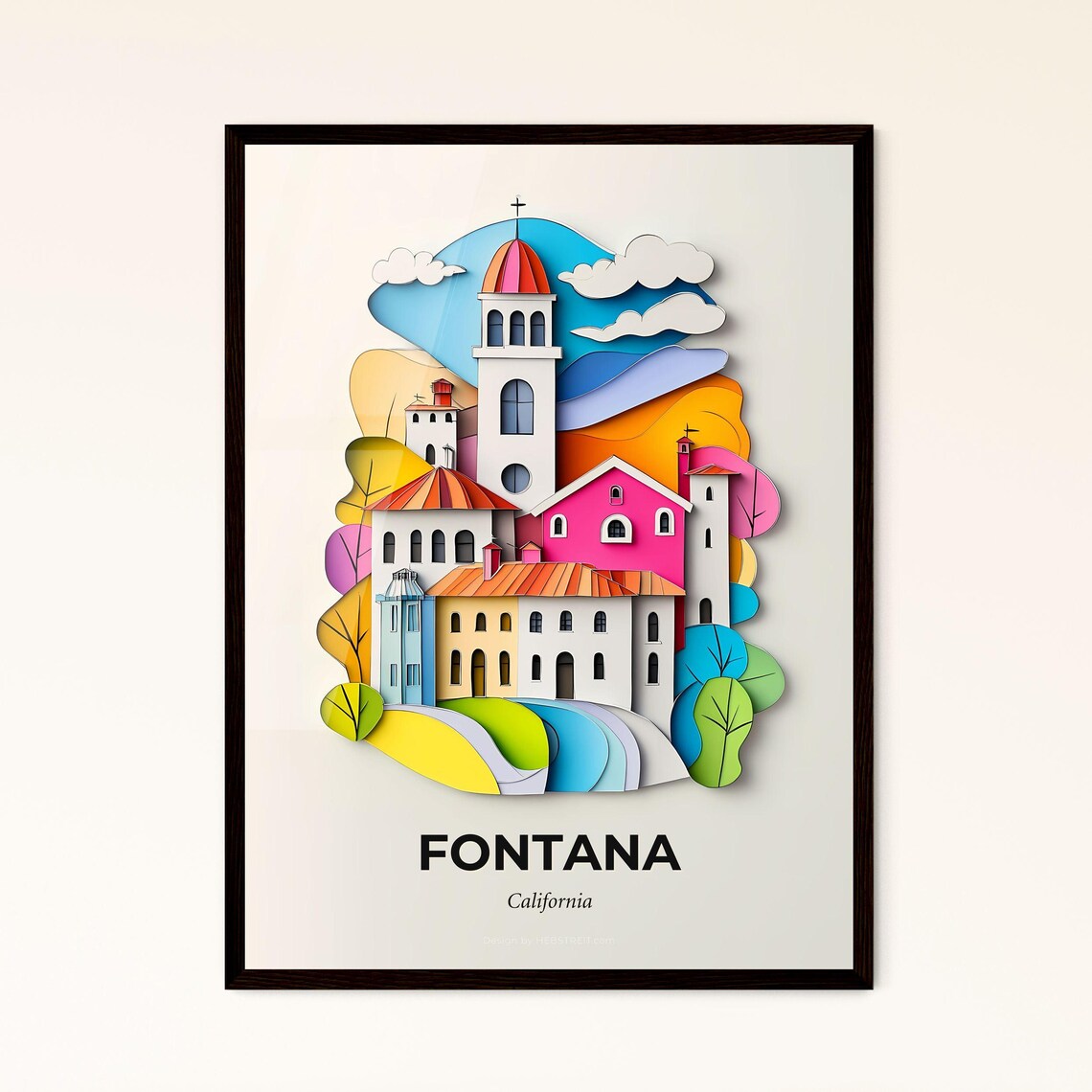 Fontana California Colorful Paper Cut Church and Clouds Poster