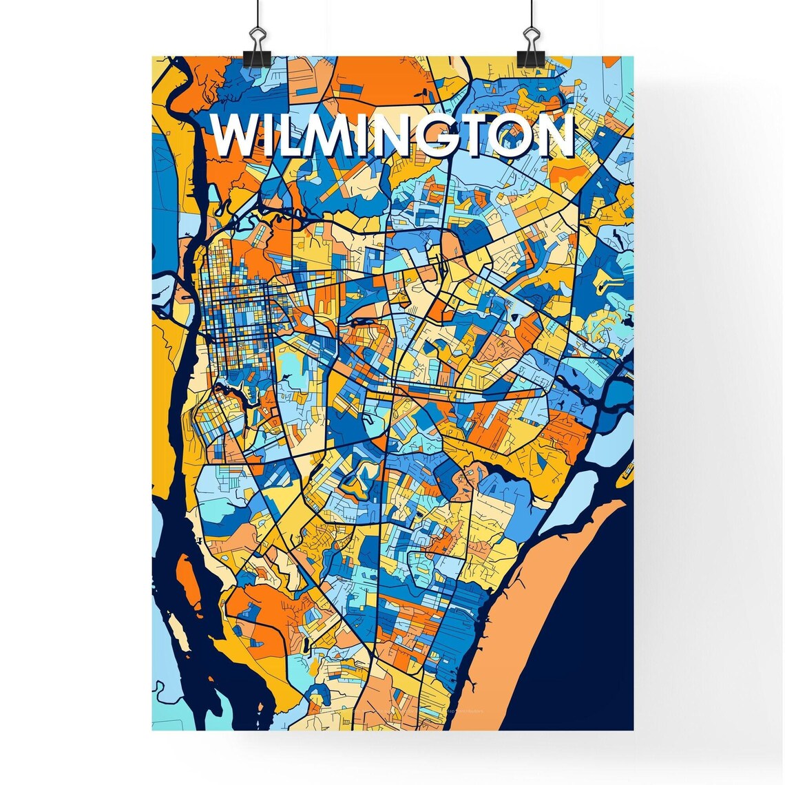 Wilmington North Carolina Stylish Vibrant Blue and Orange Mosaic City Map Poster - Image 4