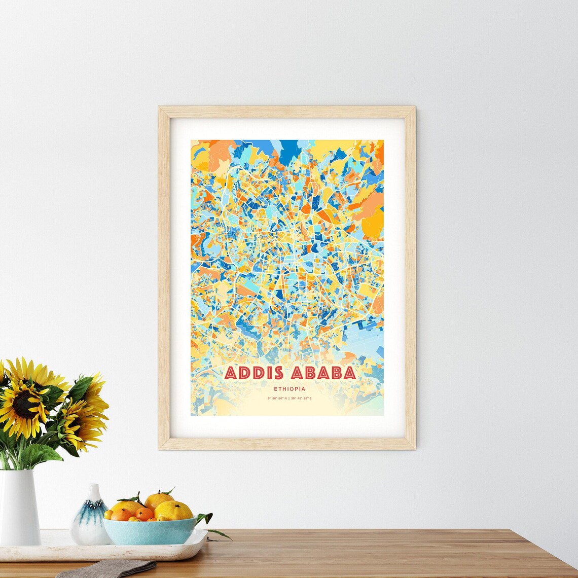 Addis Ababa Ethiopia Colorful Blue Orange City Map Art Poster with Coordinates - Image 2