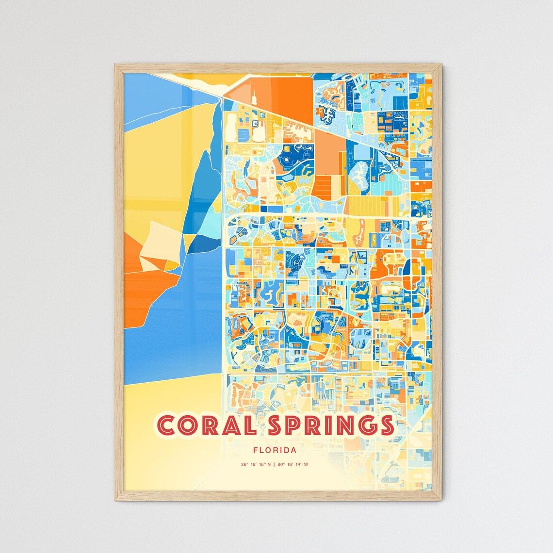 Coral Springs Florida Colorful City Map Blue Orange Art Poster