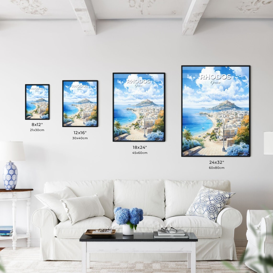 Rhodos Greece Watercolor Bay with the Whitewashed Old Town Poster - Image 3