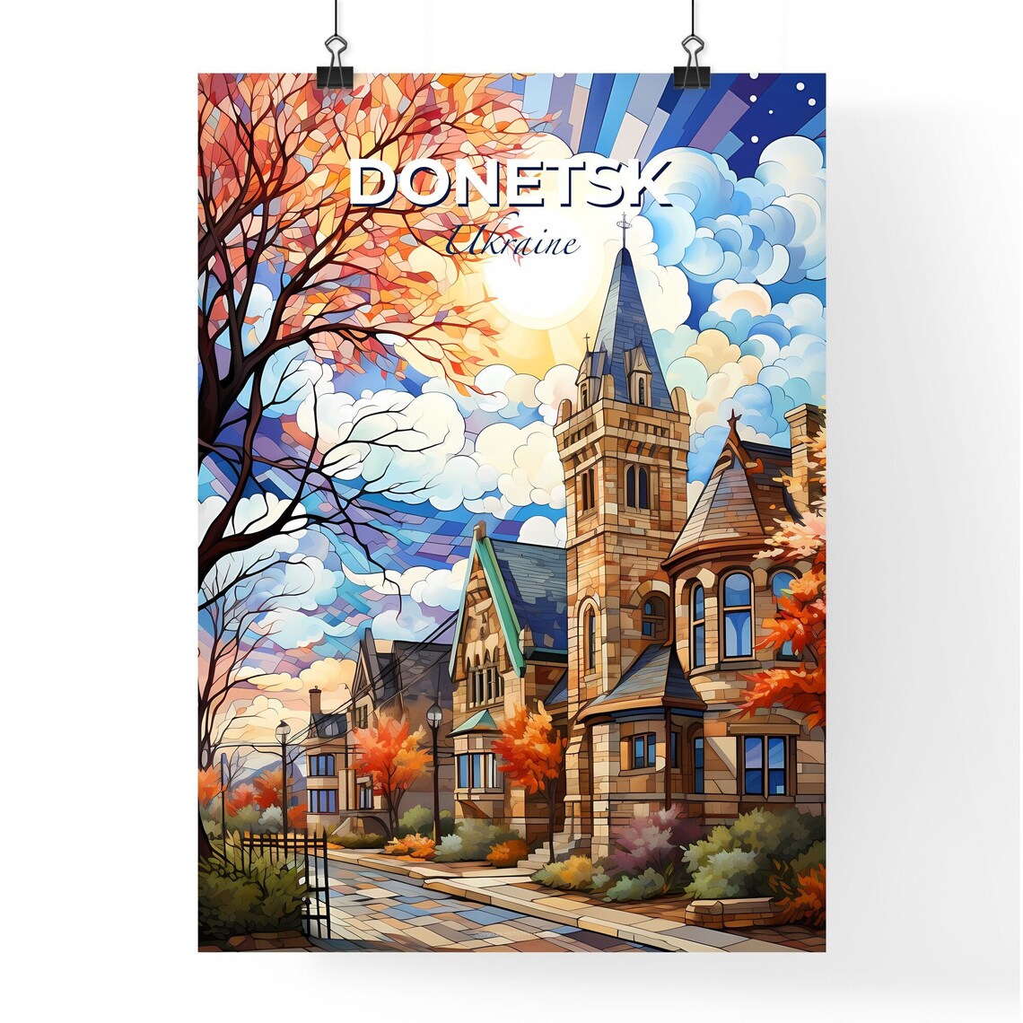 Donetsk Ukraine Stained Glass Church Autumn Trees Art Poster - Image 4