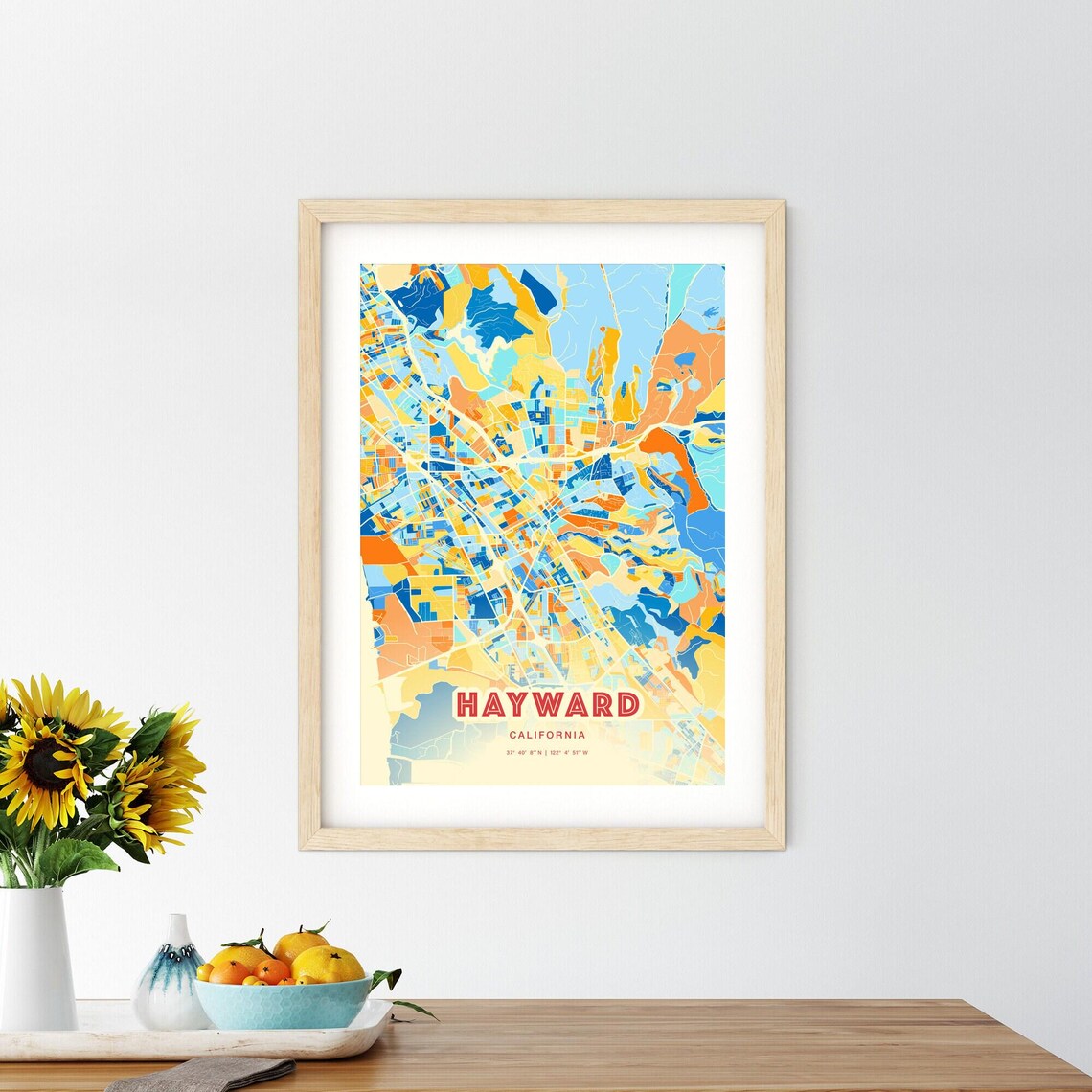 Hayward California Colorful Blue and Orange City Map Art Poster - Image 2
