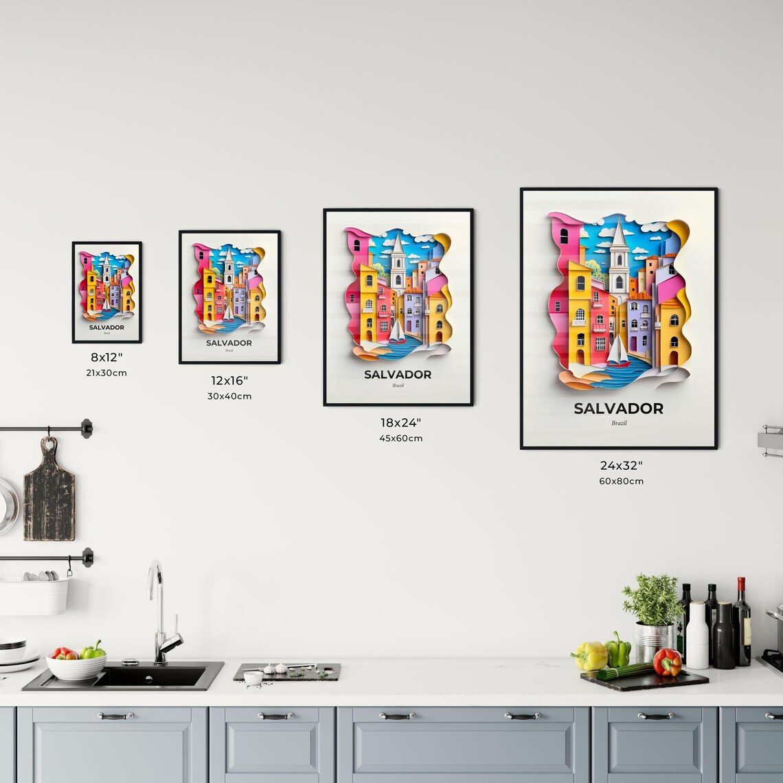 Salvador Brazil Colorful Paper Cut Colonial Street Travel Poster - Image 3