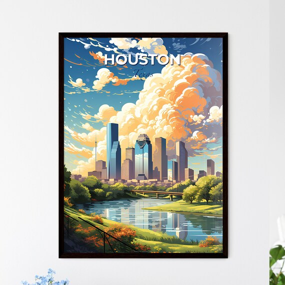 Houston Texas Skyline Travel Poster Vibrant Cityscape River Art