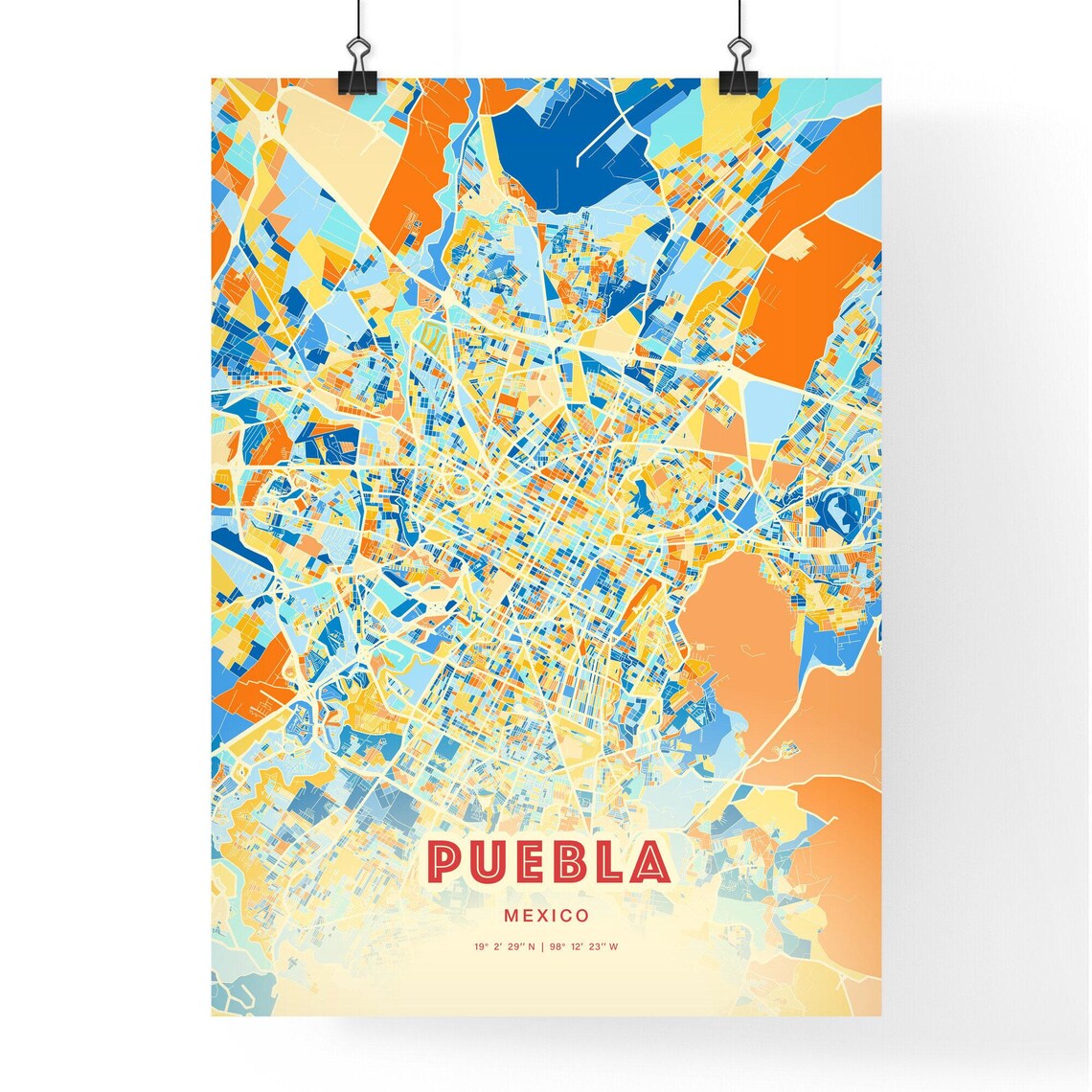 Puebla Mexico Colorful Blue Orange City Street Map Coordinates Poster - Image 3