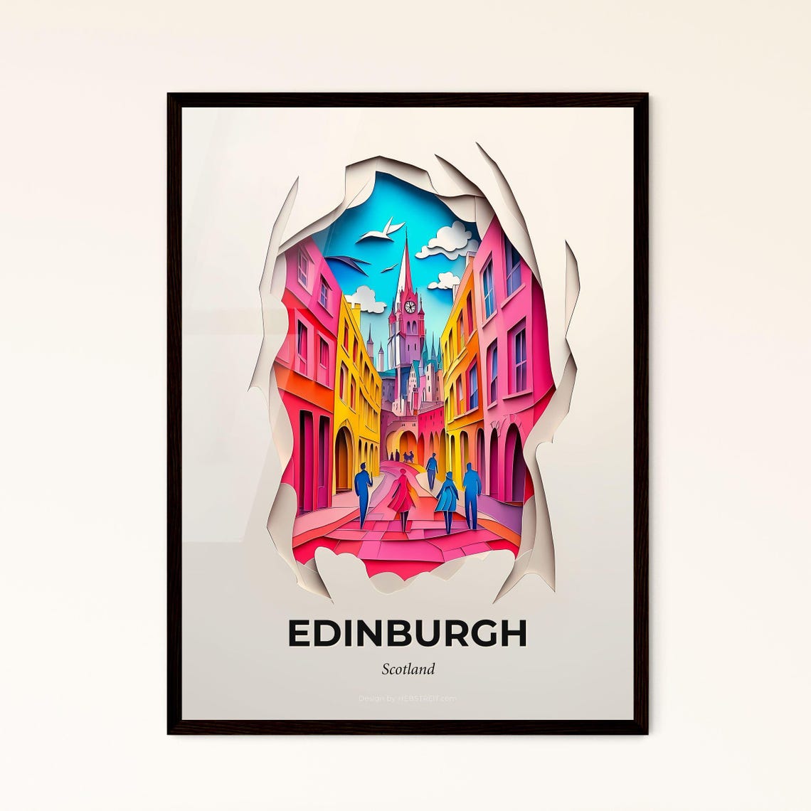 Edinburgh Scotland Colorful Paper Cut Street Clock Tower Poster