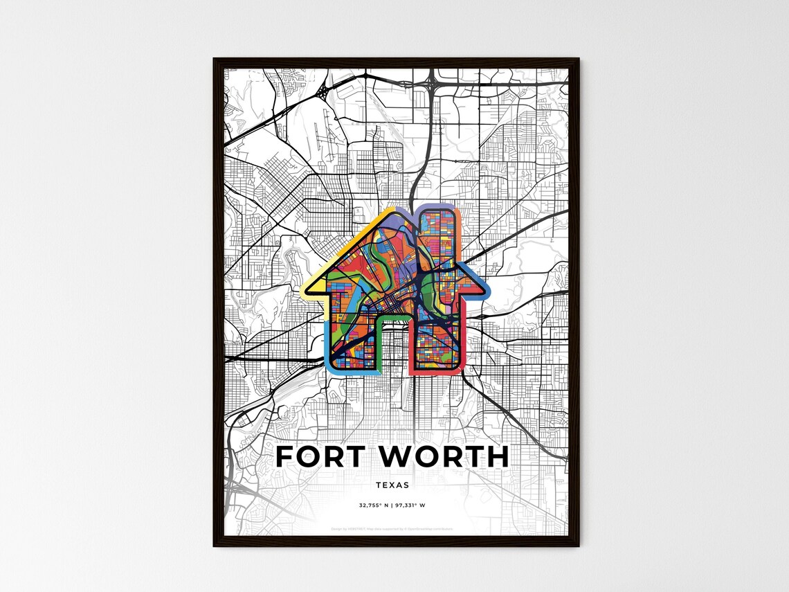 Fort Worth Texas Minimal City Map Colorful Heart Icon Art Poster - Image 3
