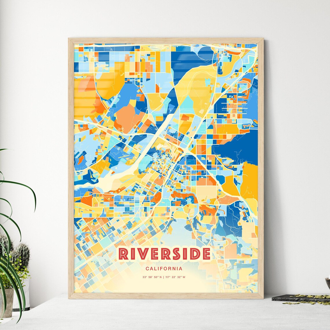 Riverside California Colorful Blue Orange City Map Art Poster
