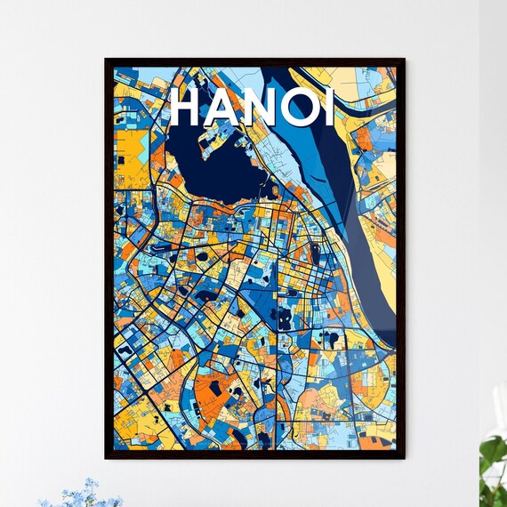 Hanoi Vietnam Bold City Map Art Poster in Navy Orange and Yellow