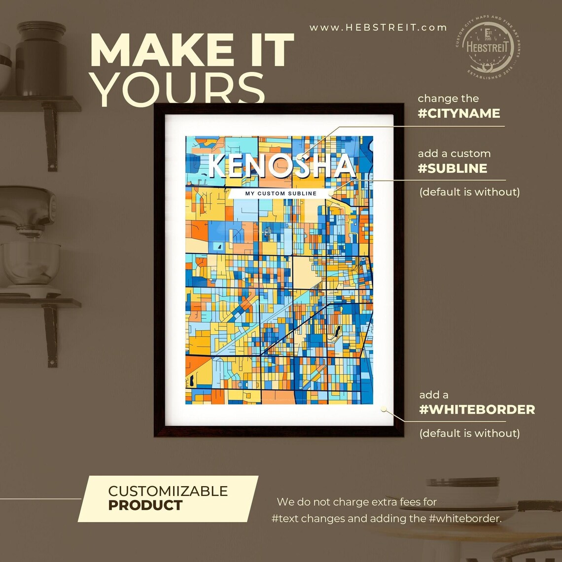 Kenosha Wisconsin Vibrant Colorful City Map Art Poster for Home Decor - Image 2