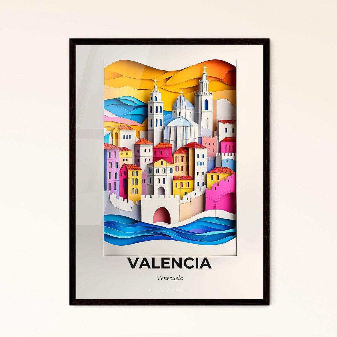 Valencia Venezuela Colorful Paper Cut City Skyline Travel Poster