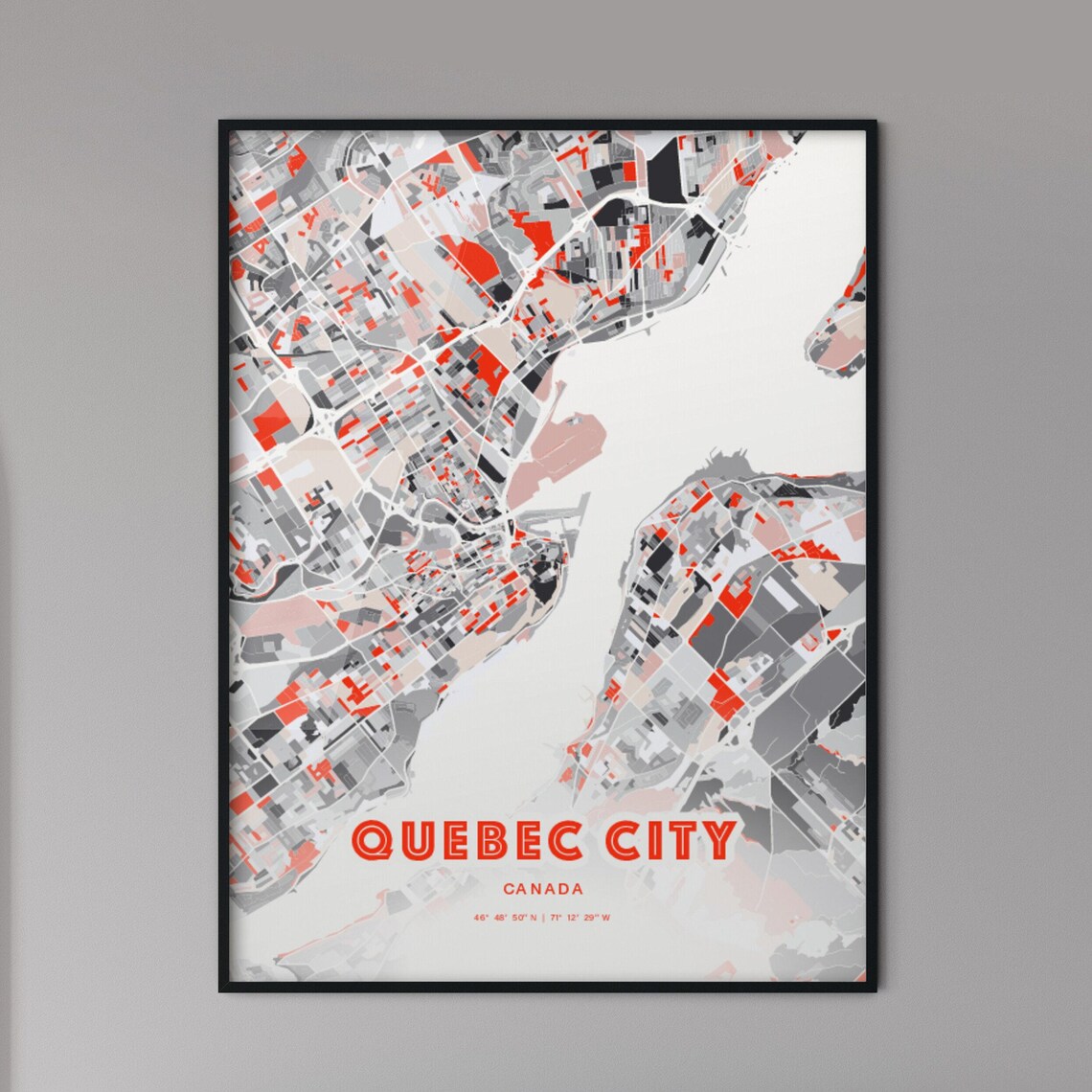 Quebec City Canada Modern Red Gray Expressive City Map Poster Customizable