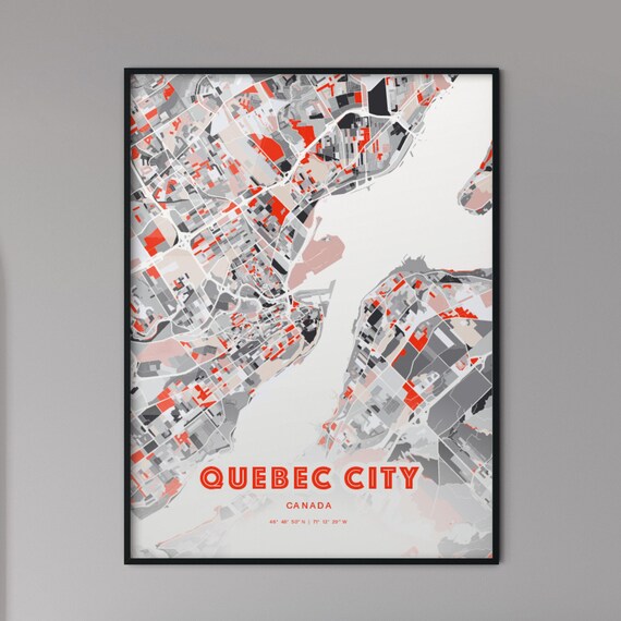 Quebec City Canada Modern Red Gray Expressive City Map Poster Customizable