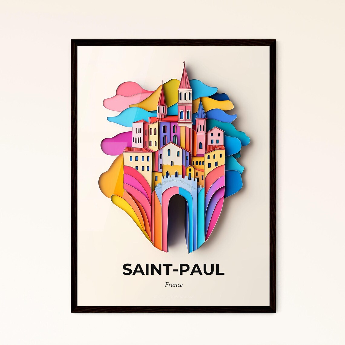 Saint-Paul France Colorful Paper Cut Village Towers Travel Poster