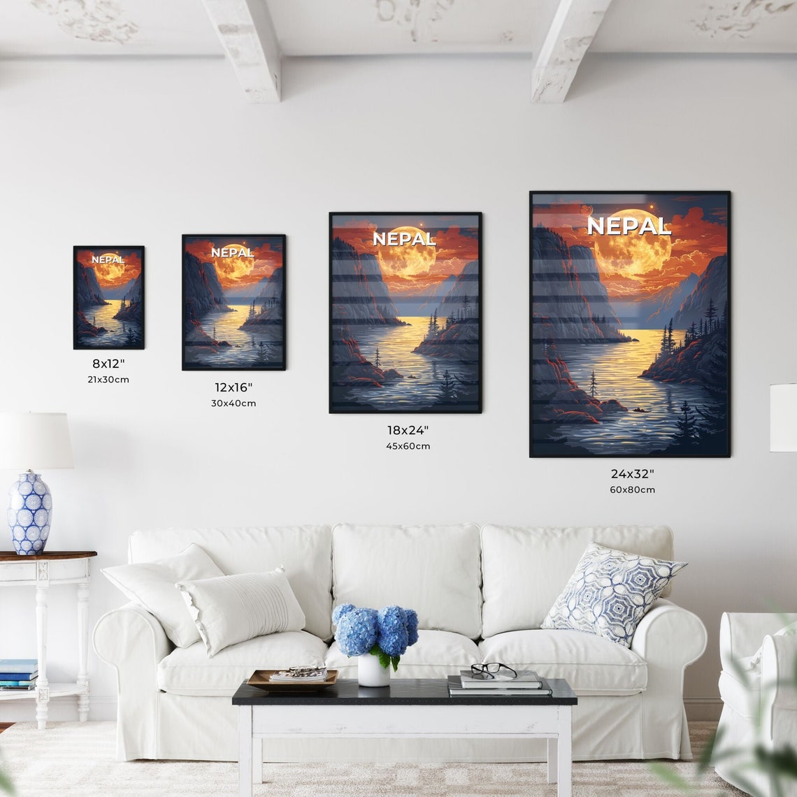 Nepal Giant Golden Full Moon Lake Mountains Night Art Poster - Image 3