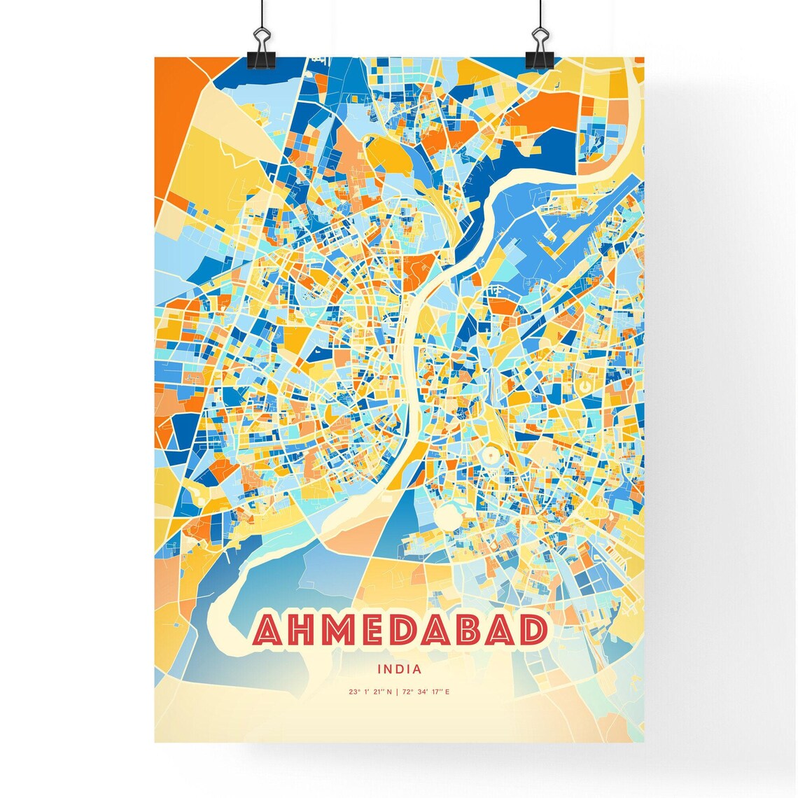 Ahmedabad India Colorful City Map Poster Blue Orange Vibrant Wall Decor - Image 3