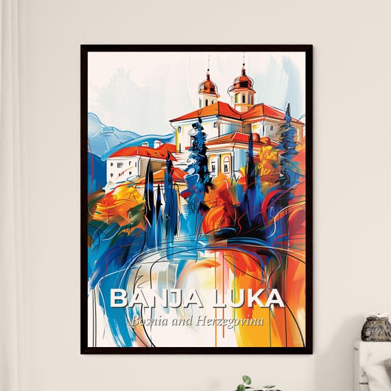 Vibrant Banja Luka Bosnia And Herzegovina A Painting Of A Building With Trees And Mountains Colorful Cities Paintings Customizable