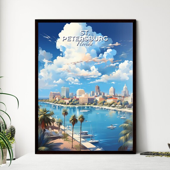 St Petersburg Florida Skyline Travel Poster With Bay Boats And Palm Trees
