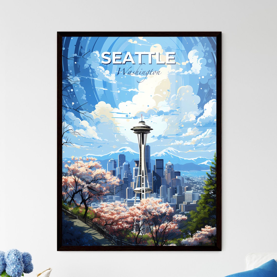 Seattle Washington Space Needle Cherry Blossoms Skyline Poster