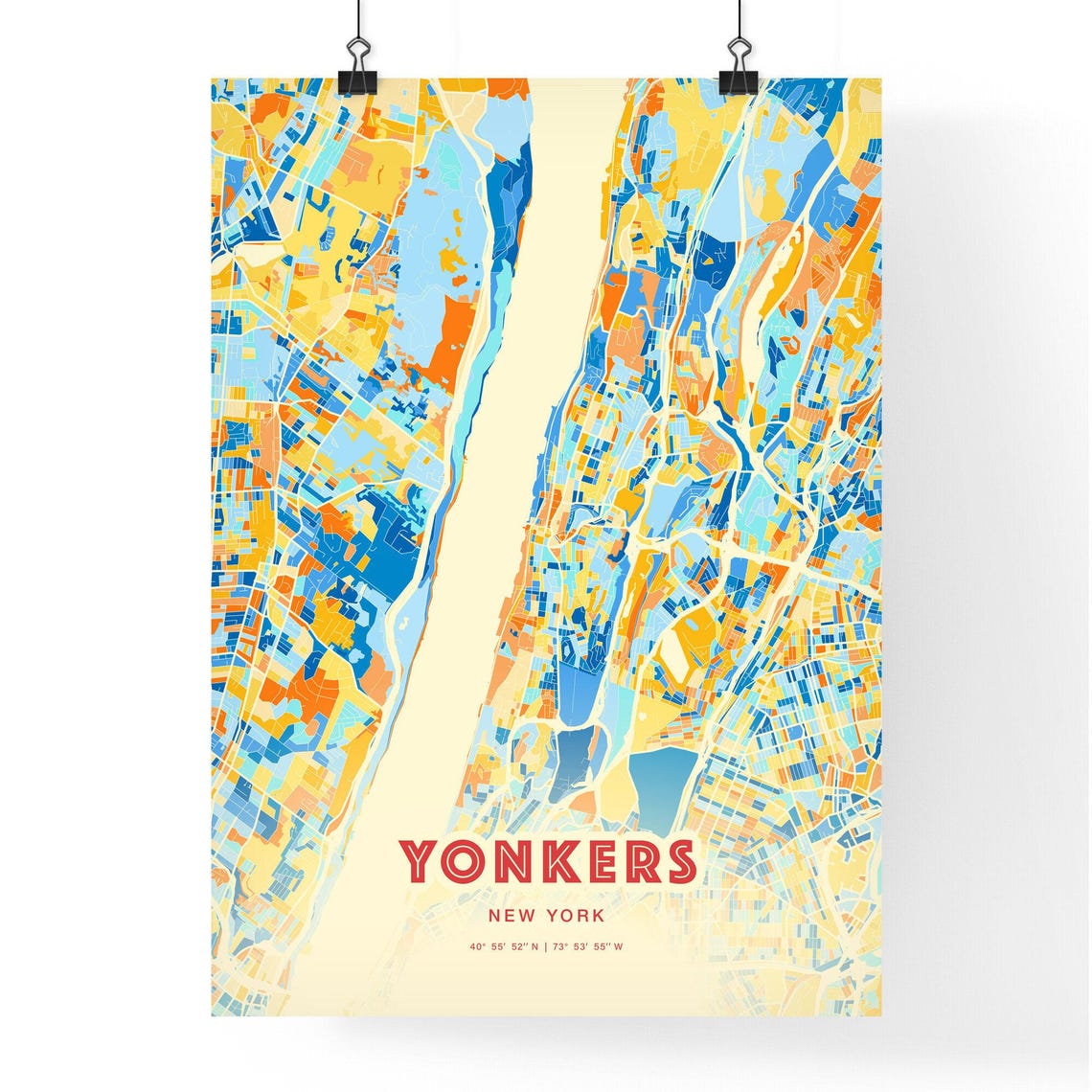 Yonkers New York City Map Art Poster Blue Orange Coordinates - Image 3