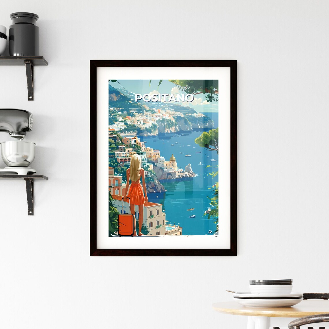 Positano Amalfi Coast Overlook Woman Suitcase Vintage Travel Poster - Image 2