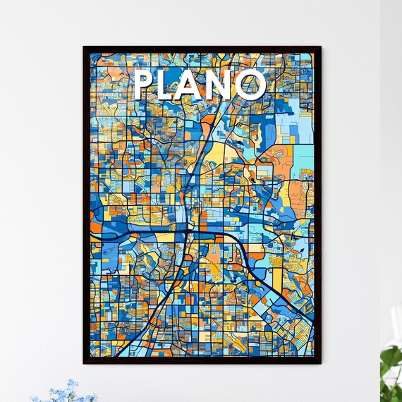 Plano Texas Vibrant Stylized Blue and Orange City Map Poster