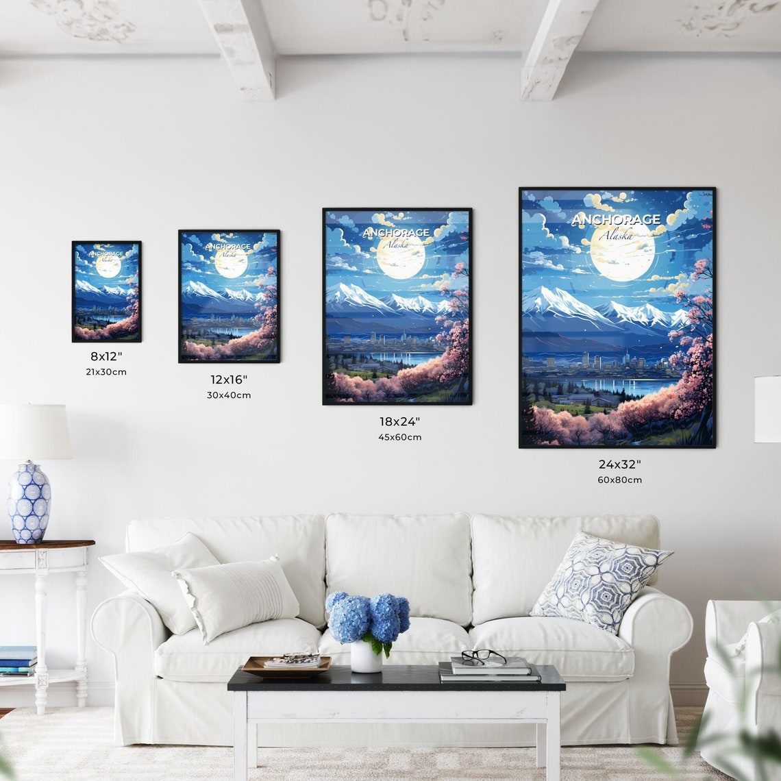 Anchorage Alaska Night Full Moon Snow Mountain City Skyline Poster - Image 3