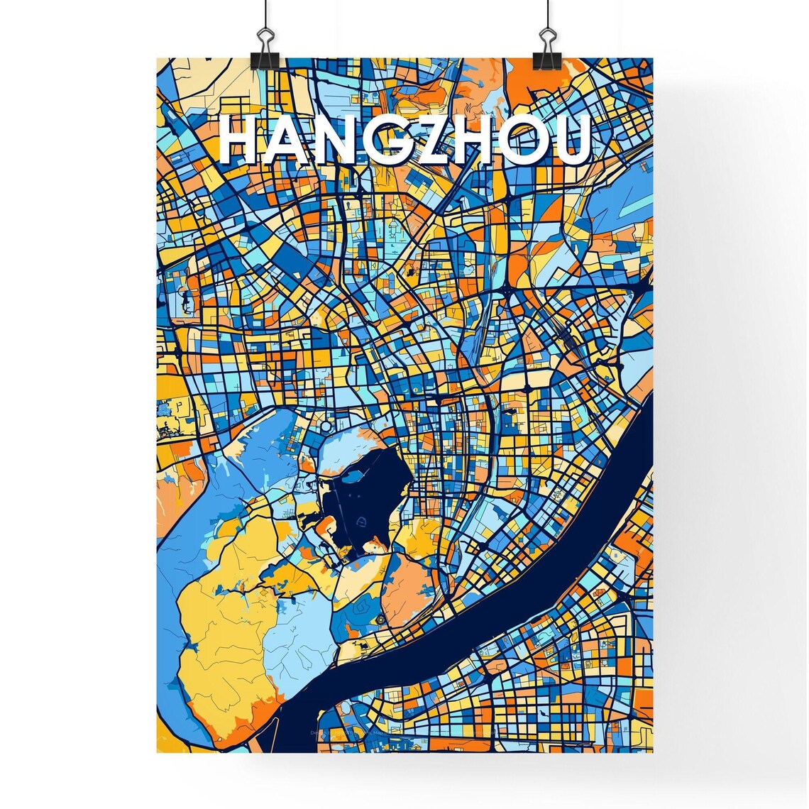 Hangzhou China Bold Colorful Vibrant City Street Map Art Poster - Image 4