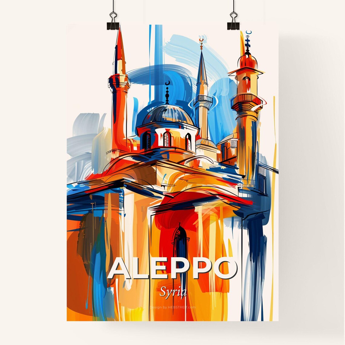 Aleppo Syria Vibrant Watercolor Citadel Cityscape Art Poster - Image 4