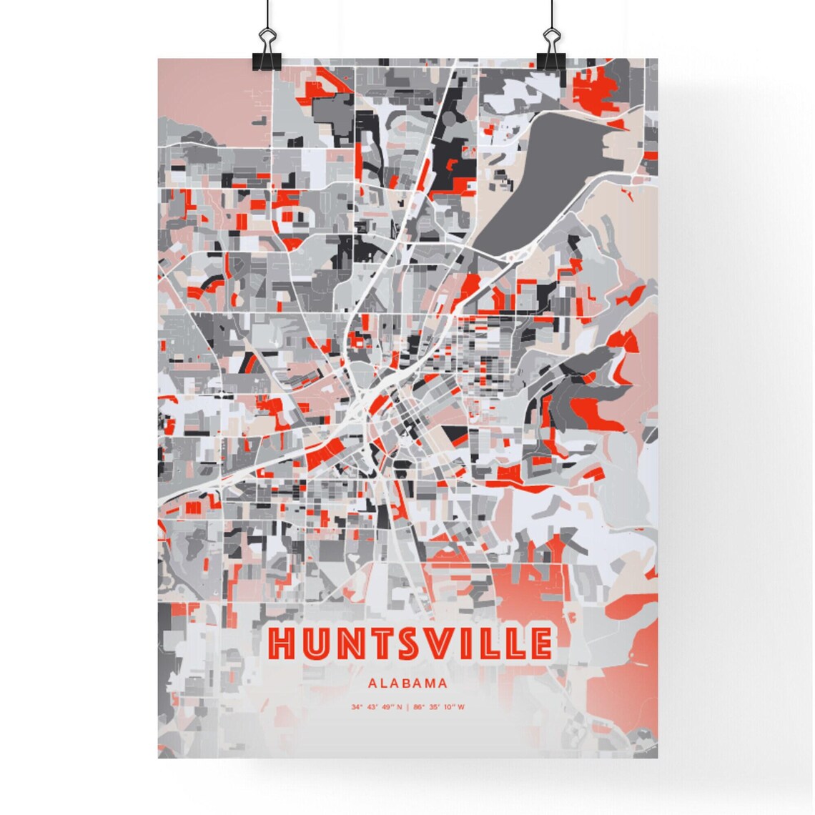 Huntsville Alabama Expressive Red Abstract City Map Art Poster - Image 3