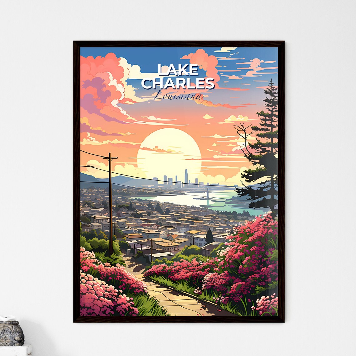 Lake Charles Louisiana Sunset Hilltop Blossom View Travel Poster