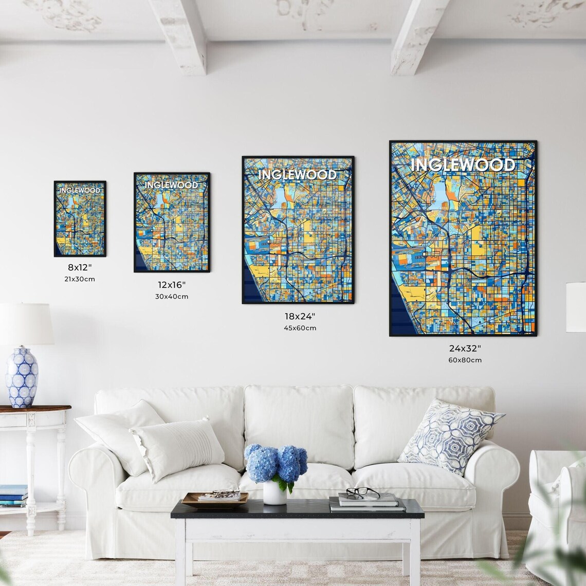 Inglewood California Vibrant Colorful Geometric Street Grid City Map Art Poster - Image 3