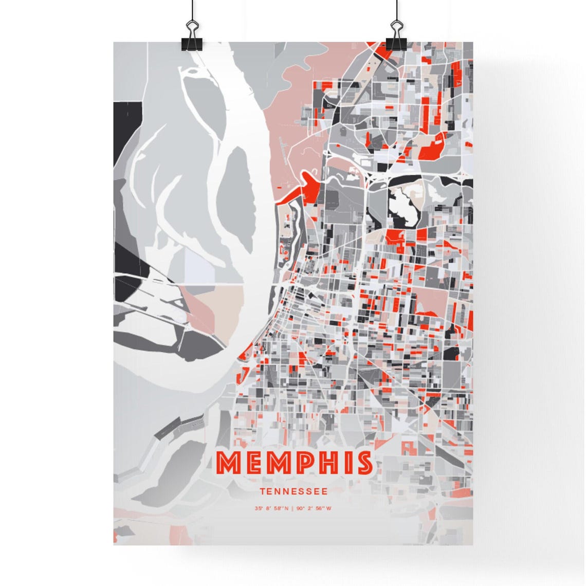 Memphis Tennessee Bold Red Modern City Street Map Artwork Poster - Image 3