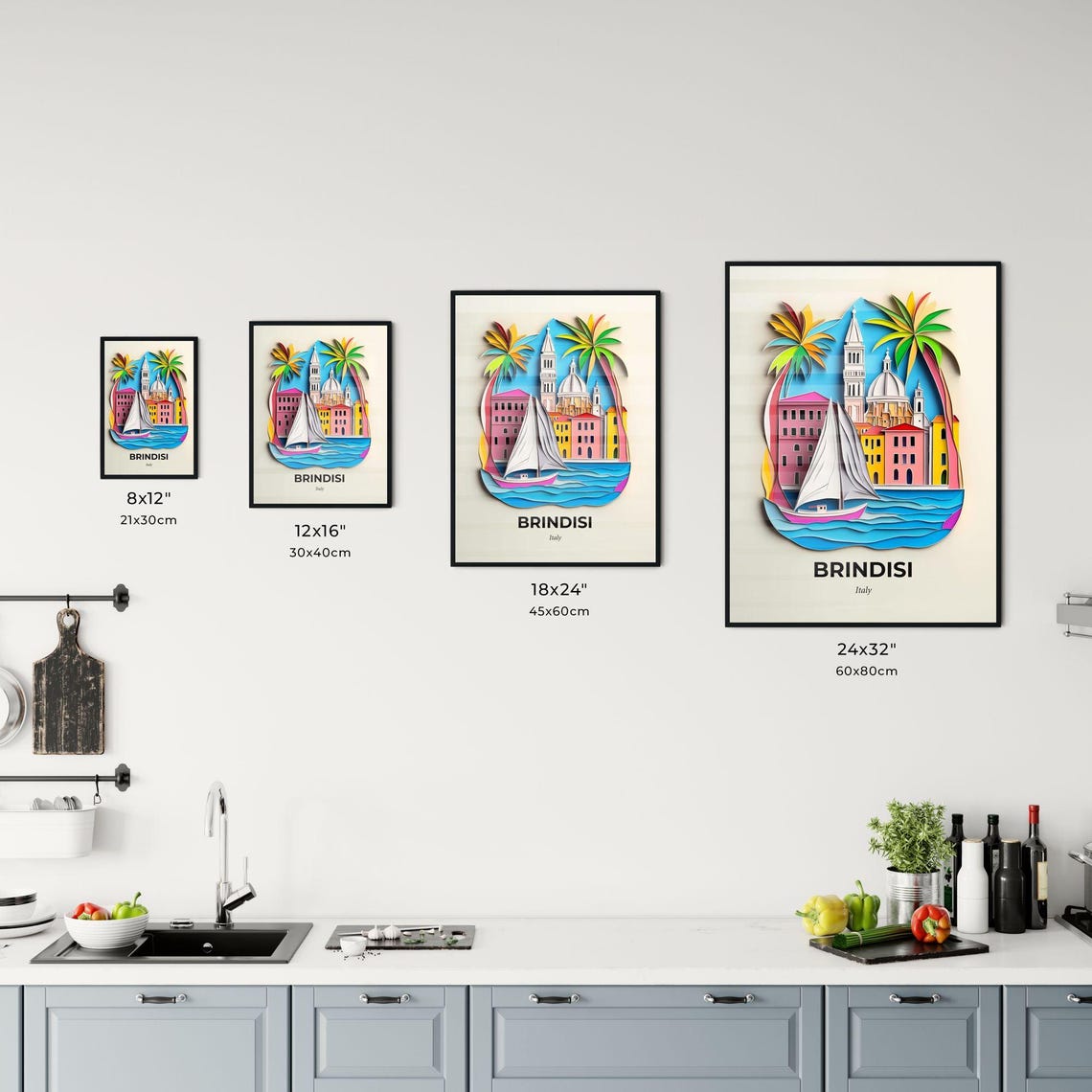 Brindisi Italy Colorful Paper Cut Sailboat and Church Poster - Image 3