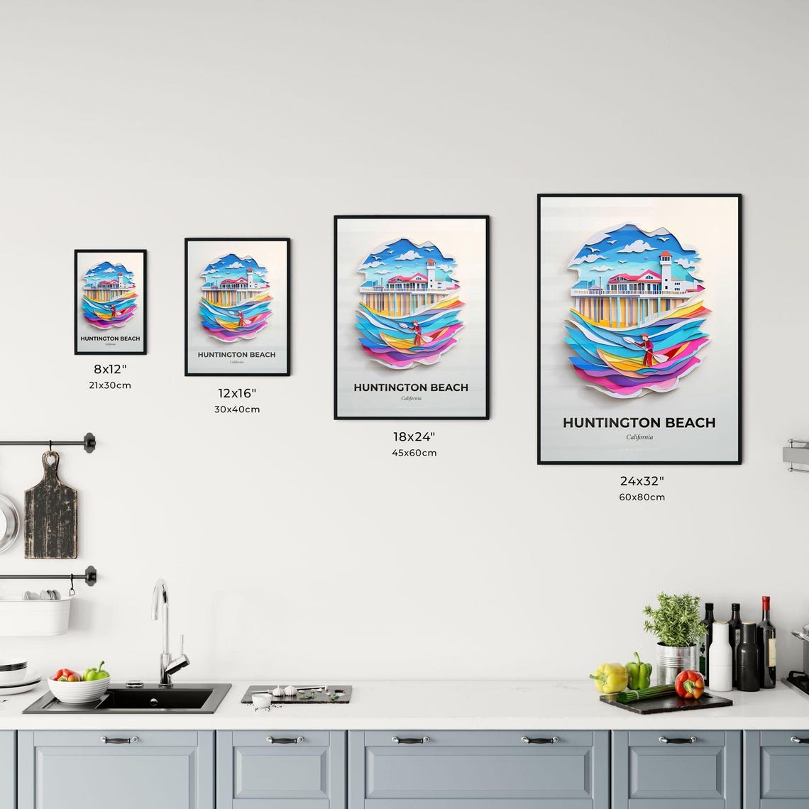 Huntington Beach California Colorful Paper Cut Pier Surf Poster - Image 3