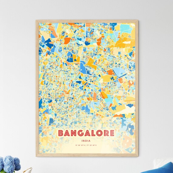 Bangalore India Bold Vibrant Blue Orange Mosaic City Map Poster