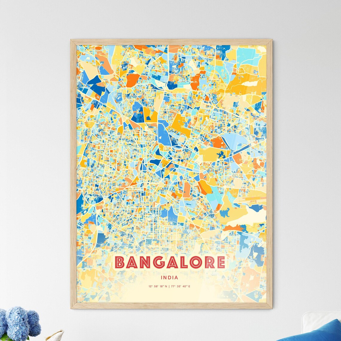 Bangalore India Bold Vibrant Blue Orange Mosaic City Map Poster