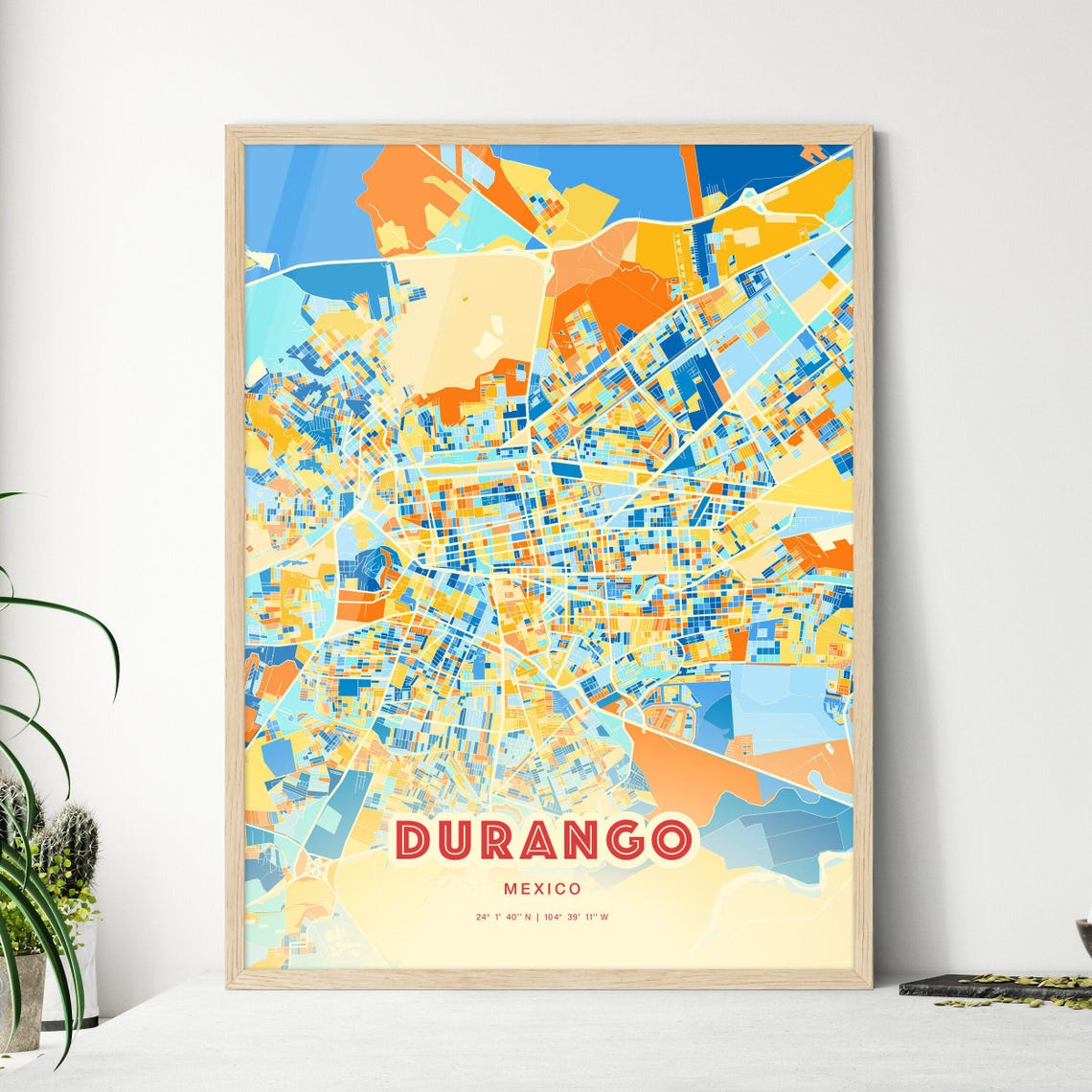 Durango Mexico Colorful Blue and Orange Retro City Street Map Wall Art - Image 3
